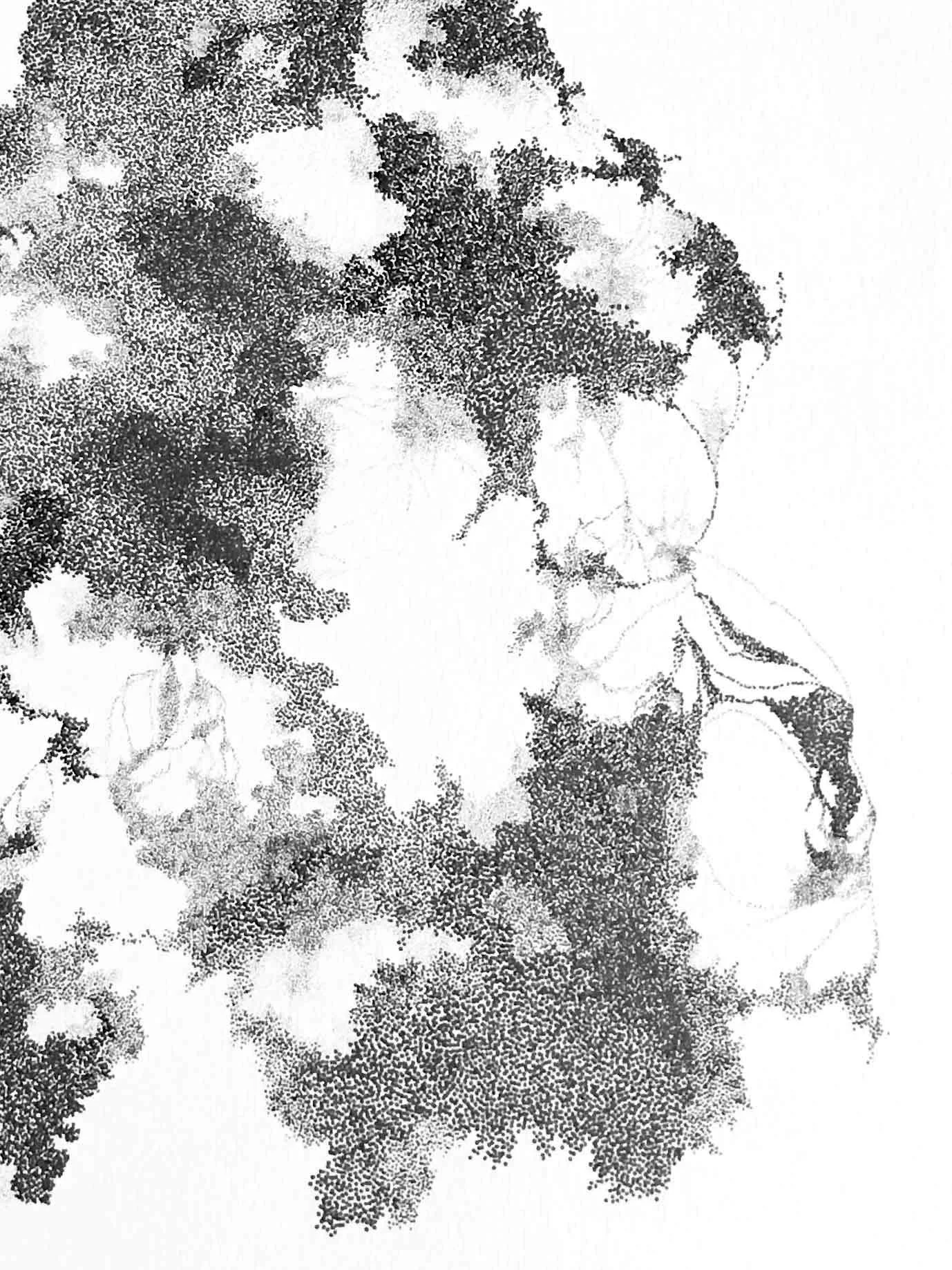 Une illustration en style pointilliste représentant une femme en train de fumer, entourée de fleurs et de feuilles.