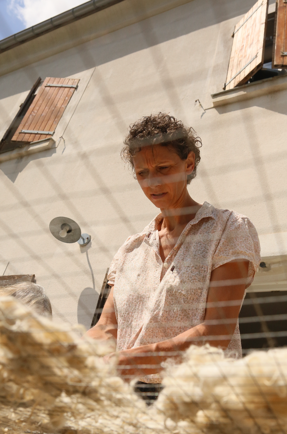 Une femme regarde concentrée à travers une fenêtre en grillage, avec un bâtiment en arrière-plan. Elle trie sa laine de ses chèvres mohair en corse. reportage par alma isolina