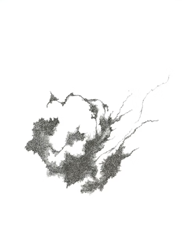Une illustration esquissée représentant une explosion ou un nuage de fumée avec des lignes s'étendant vers la droite.