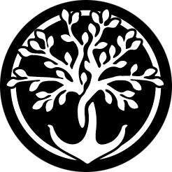 Un arbre stylisé en blanc sur fond noir, entouré d'un cercle
