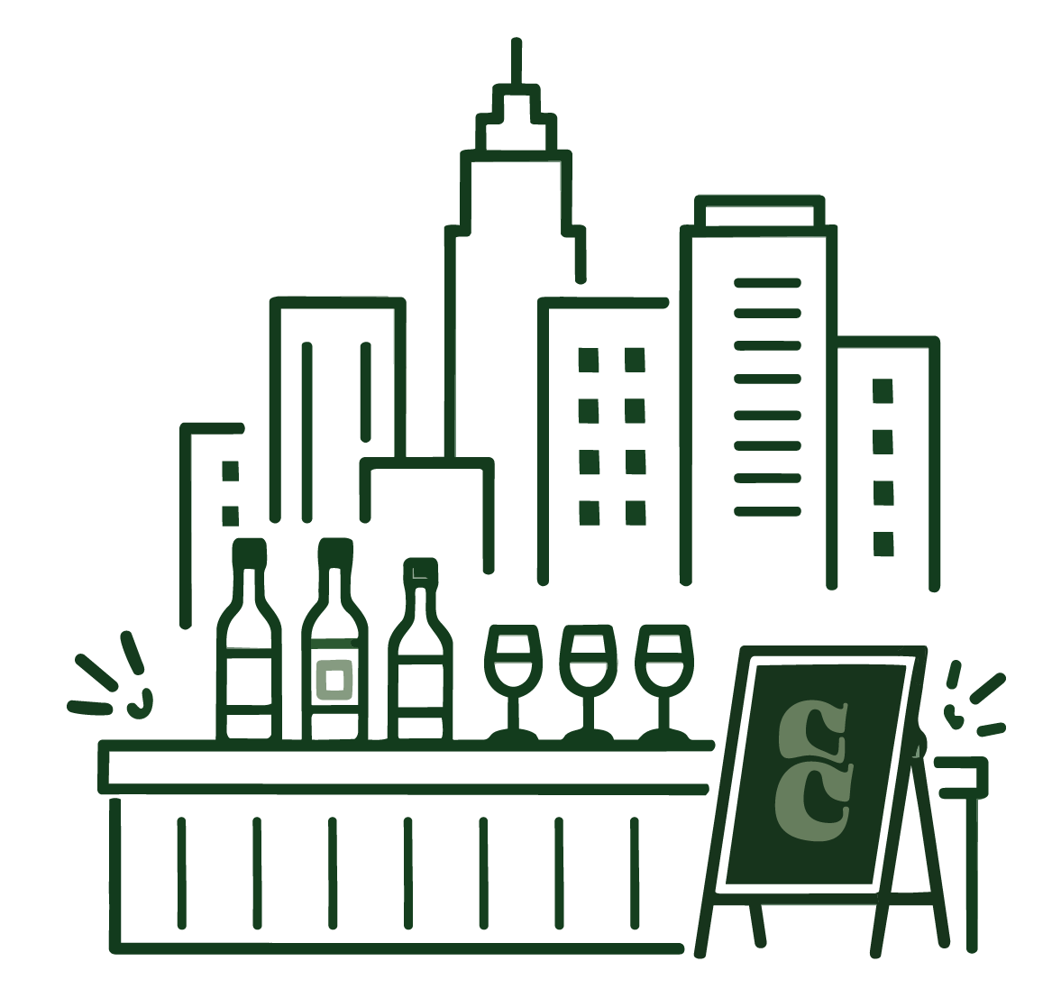 A corporate party line drawing icon of the Charlotte NC skyline and a bar with wine setup in dark green on a beige background.