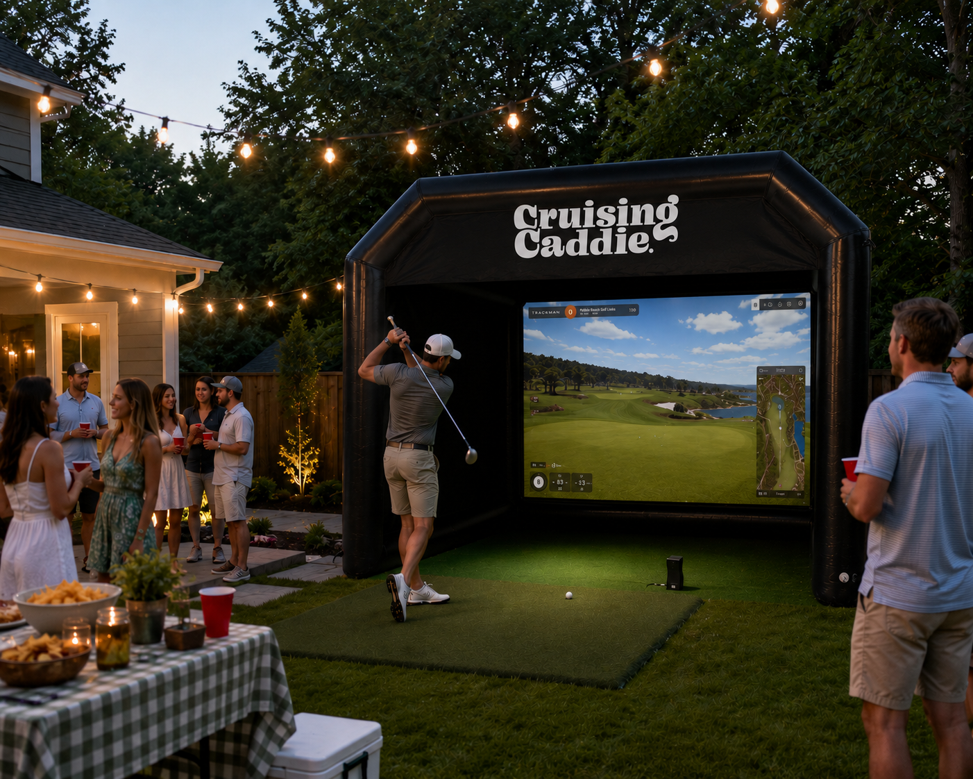 A young profession guy golfing on a golf simulator at a backyard private party at night.
