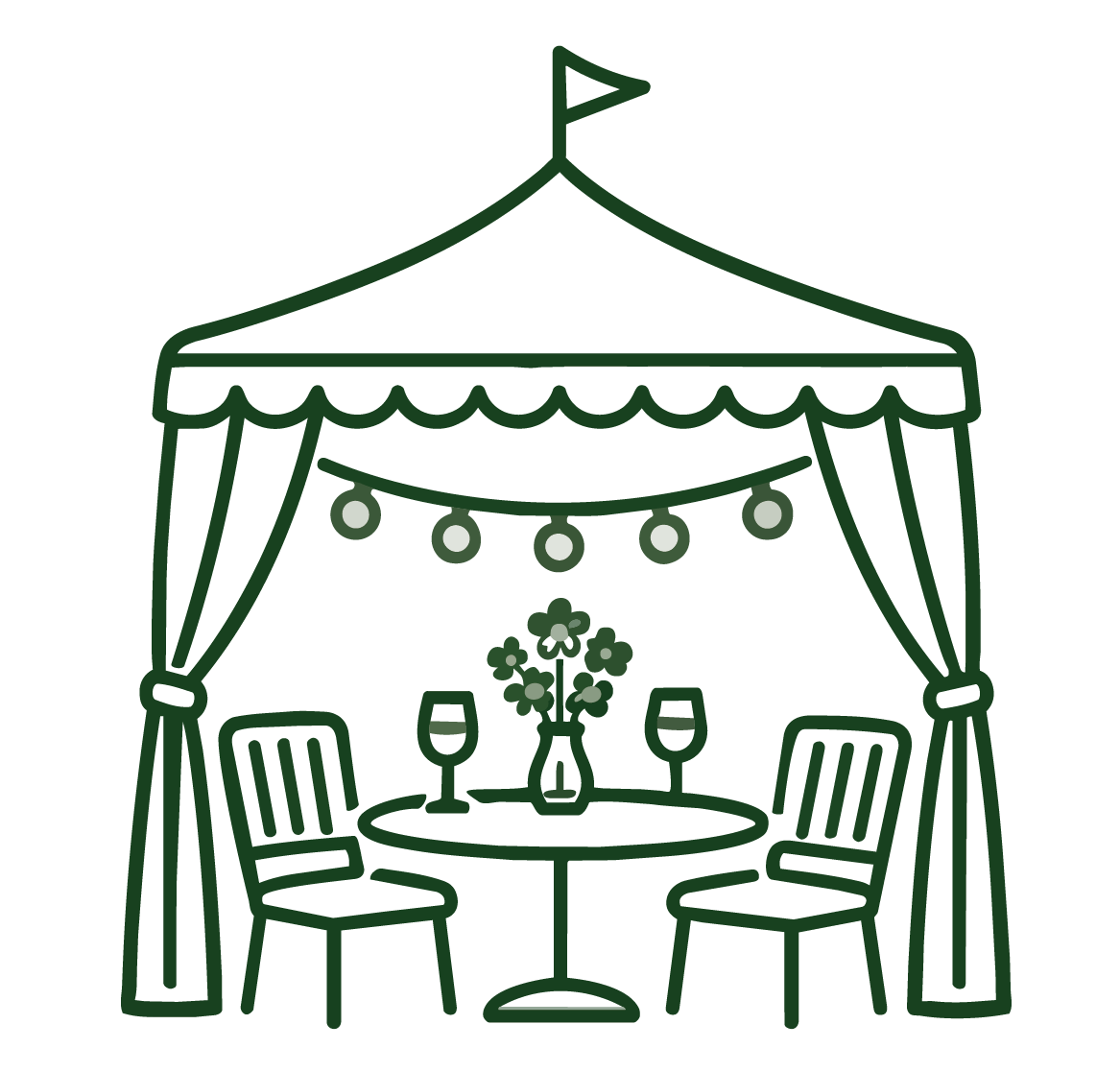 A private event line drawing icon of a party tent, chairs, flowers and wine glasses in dark green on a beige background.