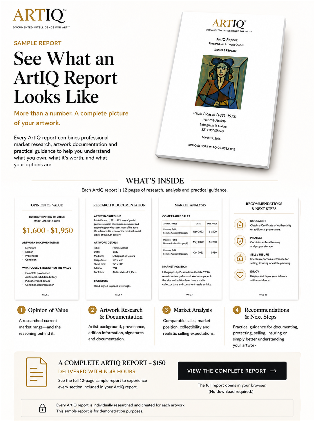 ArtIQ sample report showing professional artwork research, current market valuation, documentation, market analysis, and recommendations for art owners.