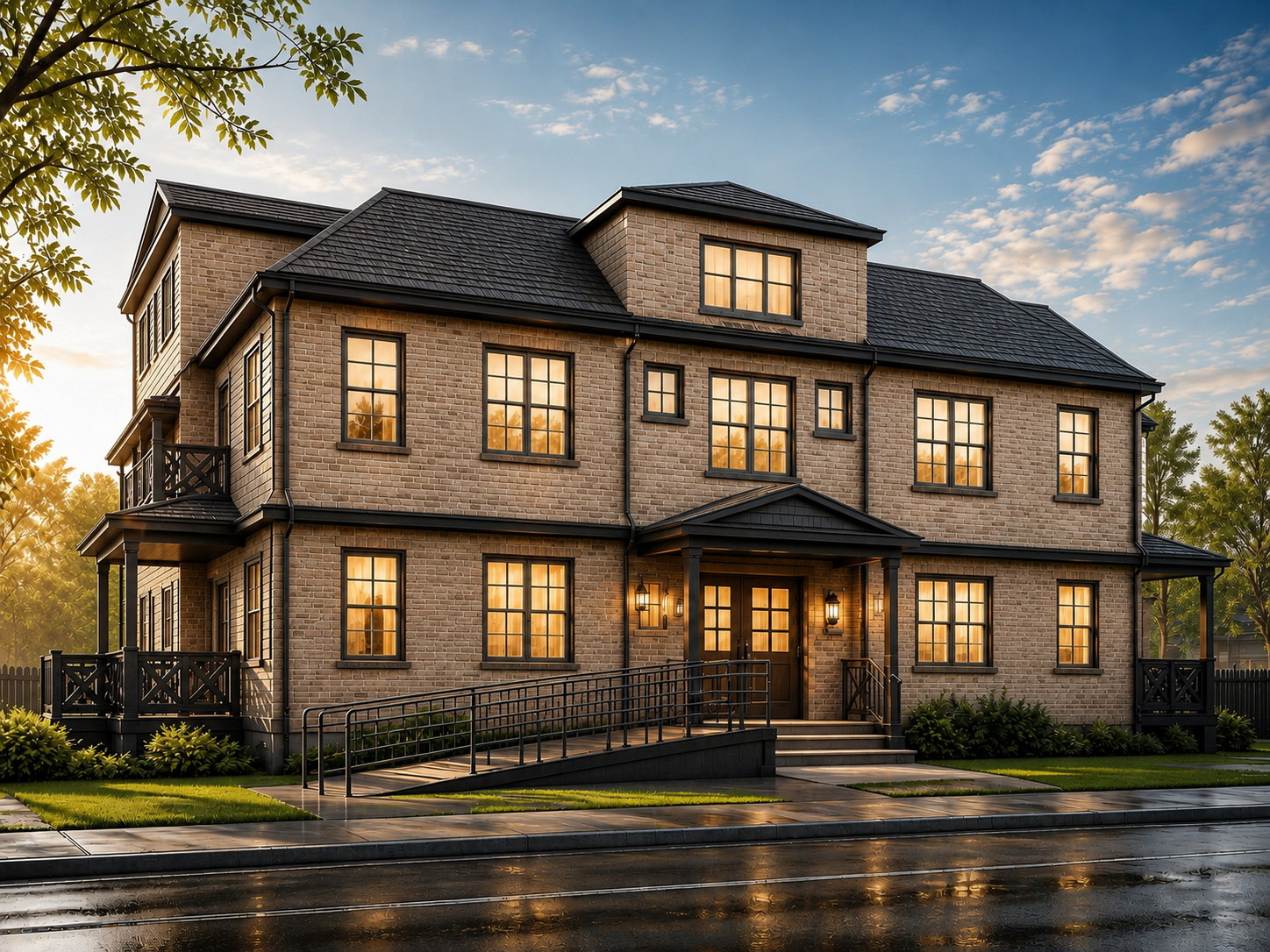 Three-story brick house with black roof, front porch with steps and ramp, illuminated by exterior lights at sunset, surrounded by greenery and wet street.