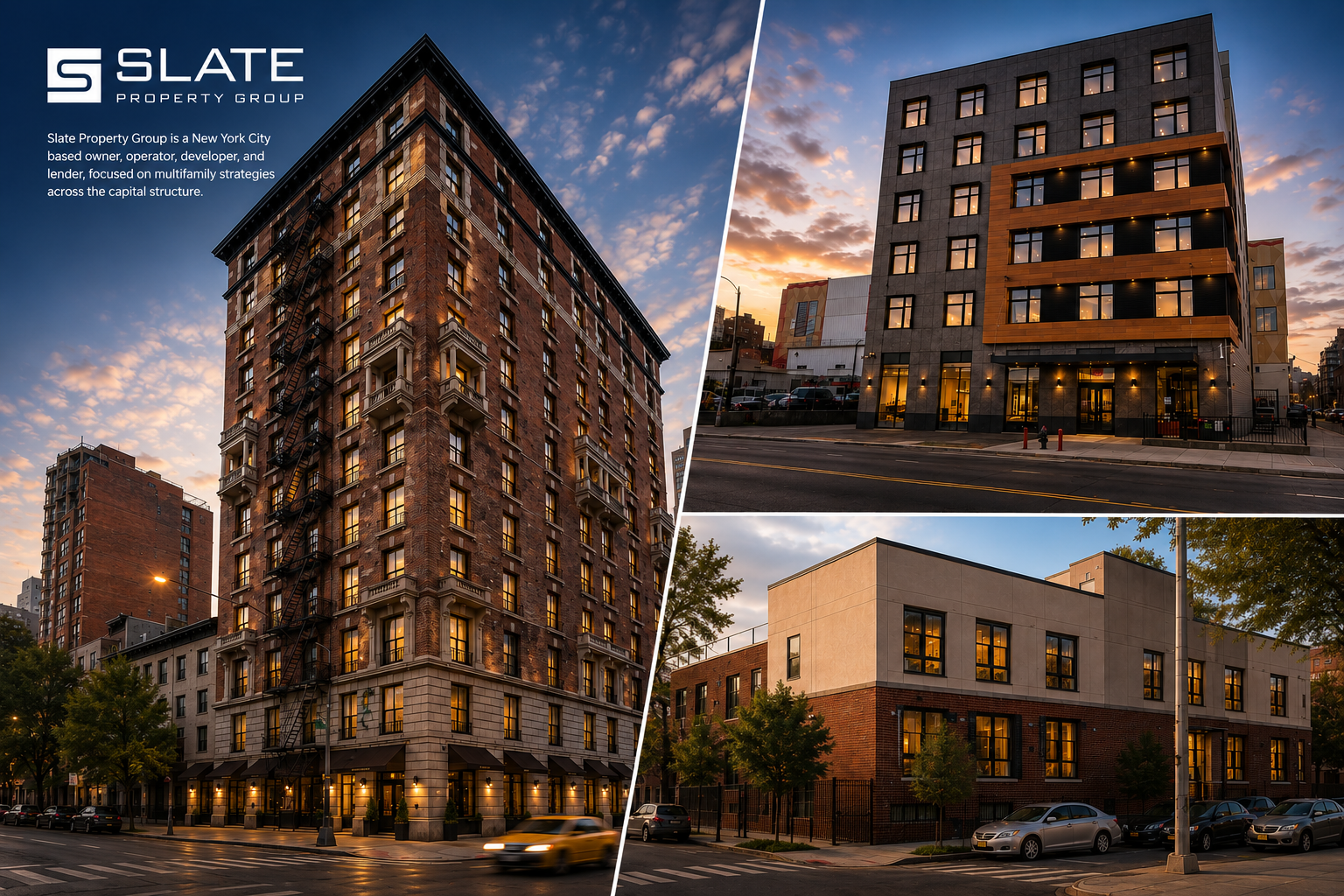 Images of three modern residential buildings in New York City at sunset, with the Slate Property Group logo and description in the top left corner.