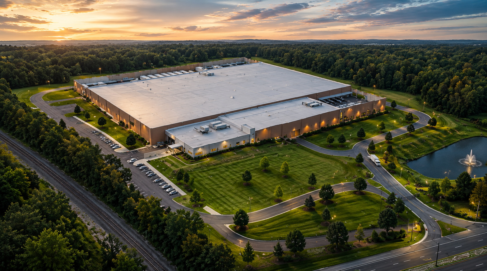 An aerial view of a large warehouse surrounded by greenery, parking lots, and a small pond with a fountain, at sunset.