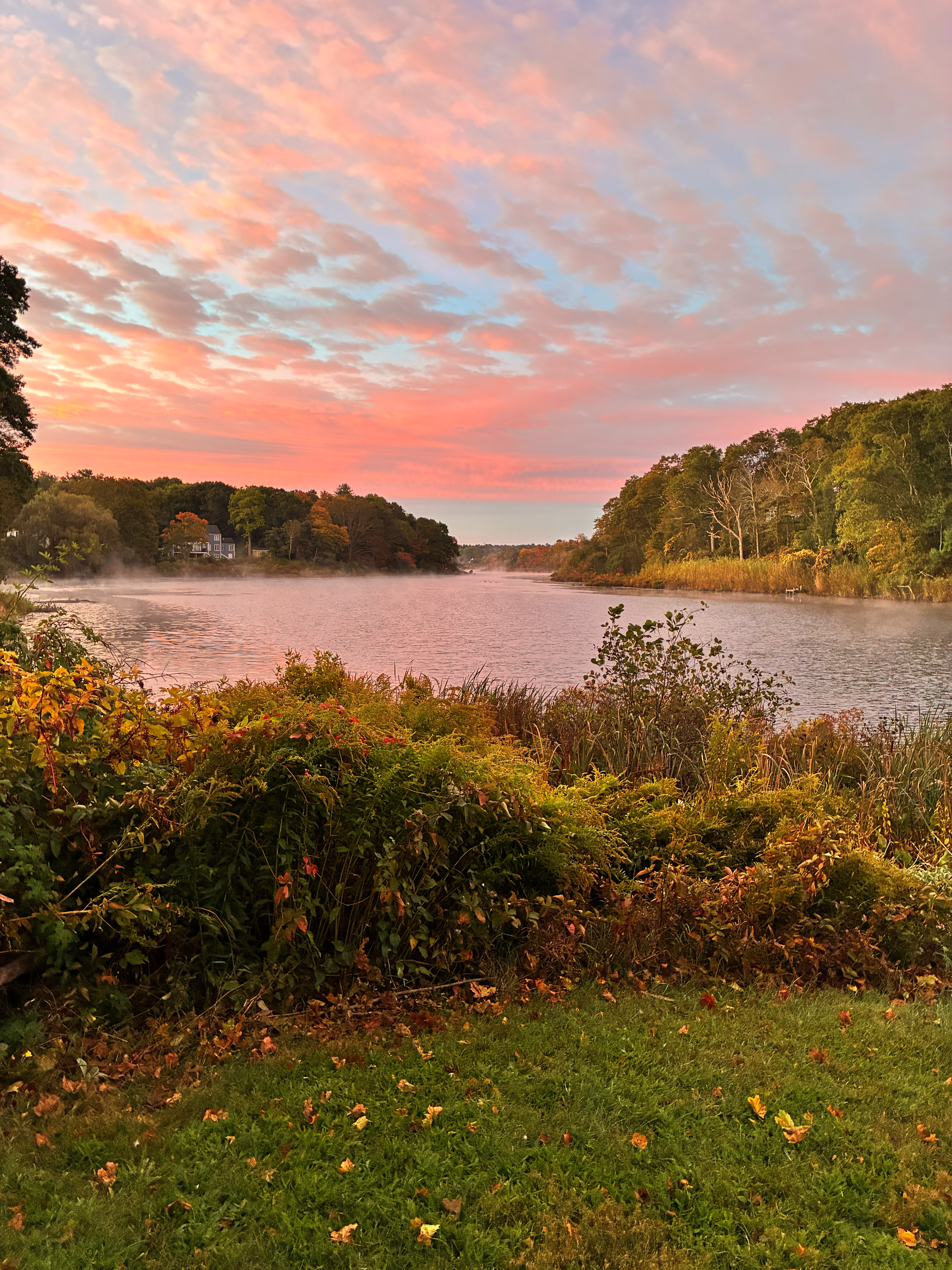 A river at sunset with trees on both sides and a colorful sky with pink clouds.