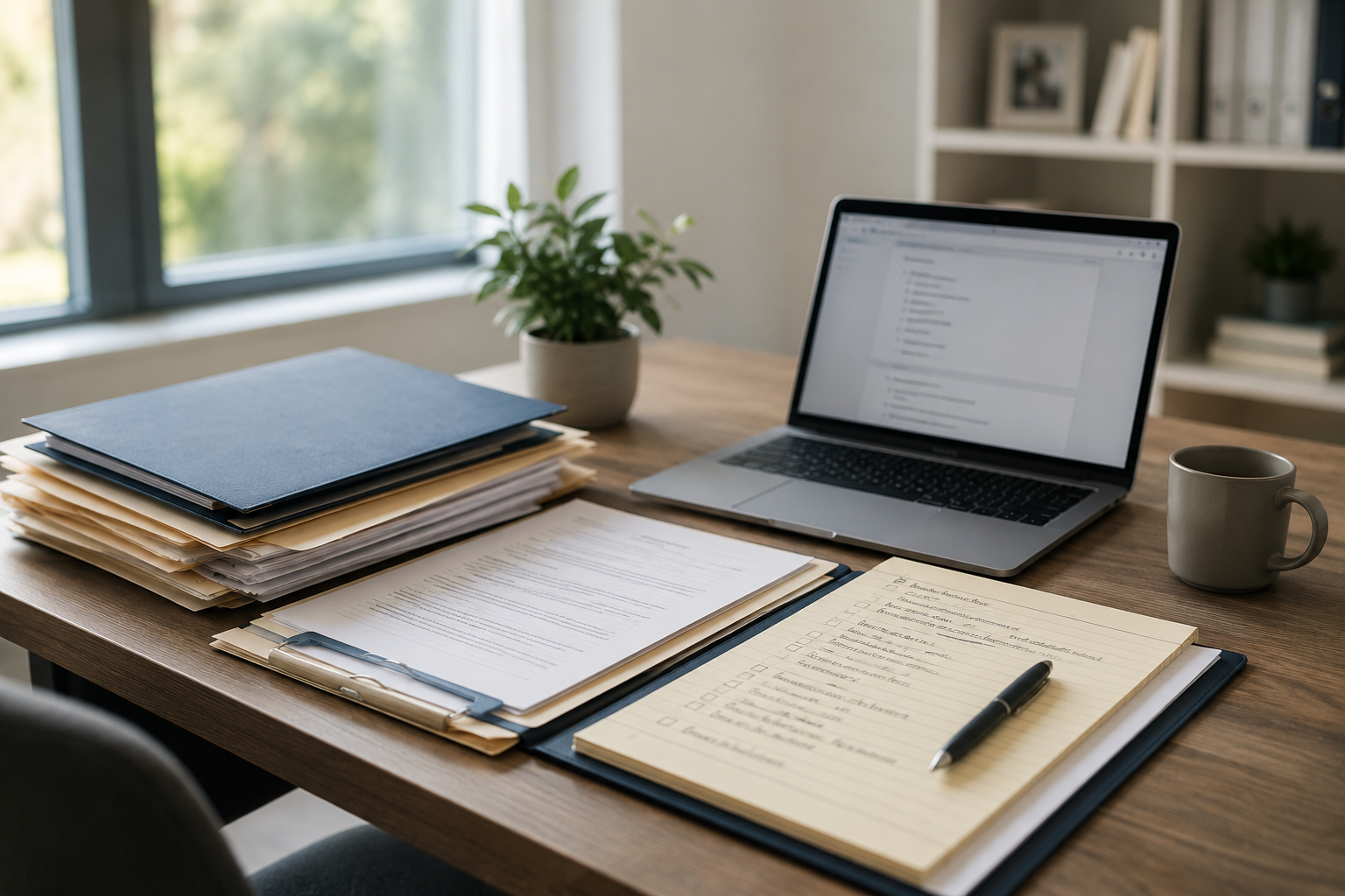 Work desk with a laptop, stacks of paperwork and folders, a pen, a mug, and a potted plant, near a window in a home office.