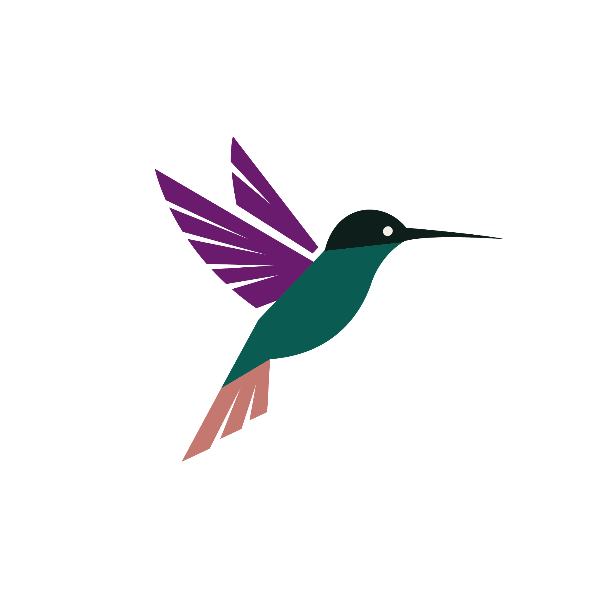 Nectar Advisory logo, a stylized hummingbird in jade, violet-plum, and canyon rose