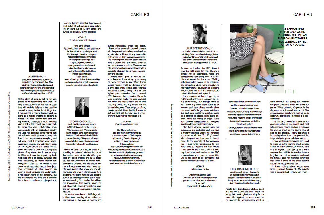 ELLE Magazine feature by Tamsin Crimmens entitles How To Be Happy At Work