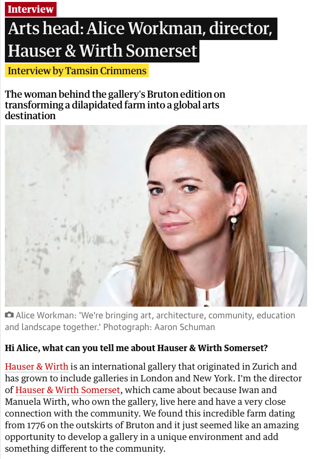 The Guardian Arts Head interview with Alice Workman conducted by Tamsin Crimmens
