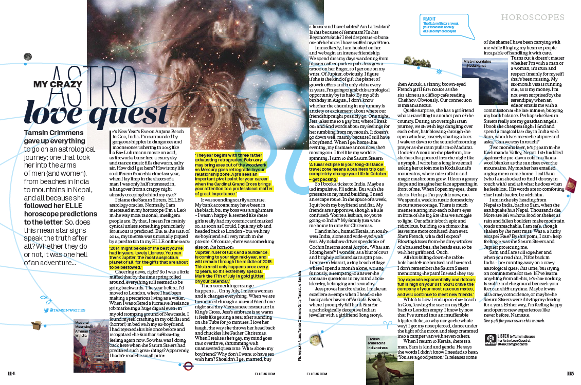ELLE Magazine feature by Tamsin Crimmens titled My Crazy Astro Love Quest
