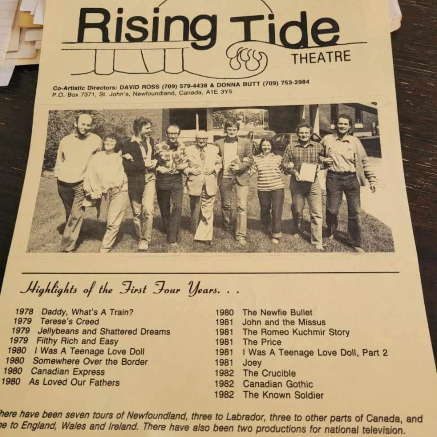 'Rising Tide Theatre', article circa 1982, with a list of productions and years below.
