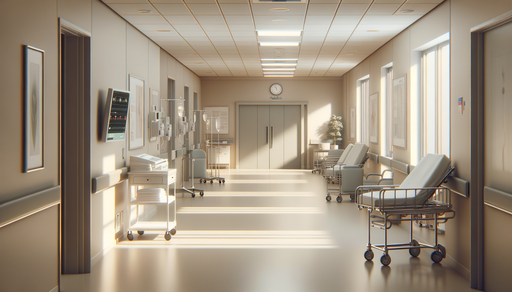 Empty hospital corridor with chairs, medical equipment, and windows letting in natural light.