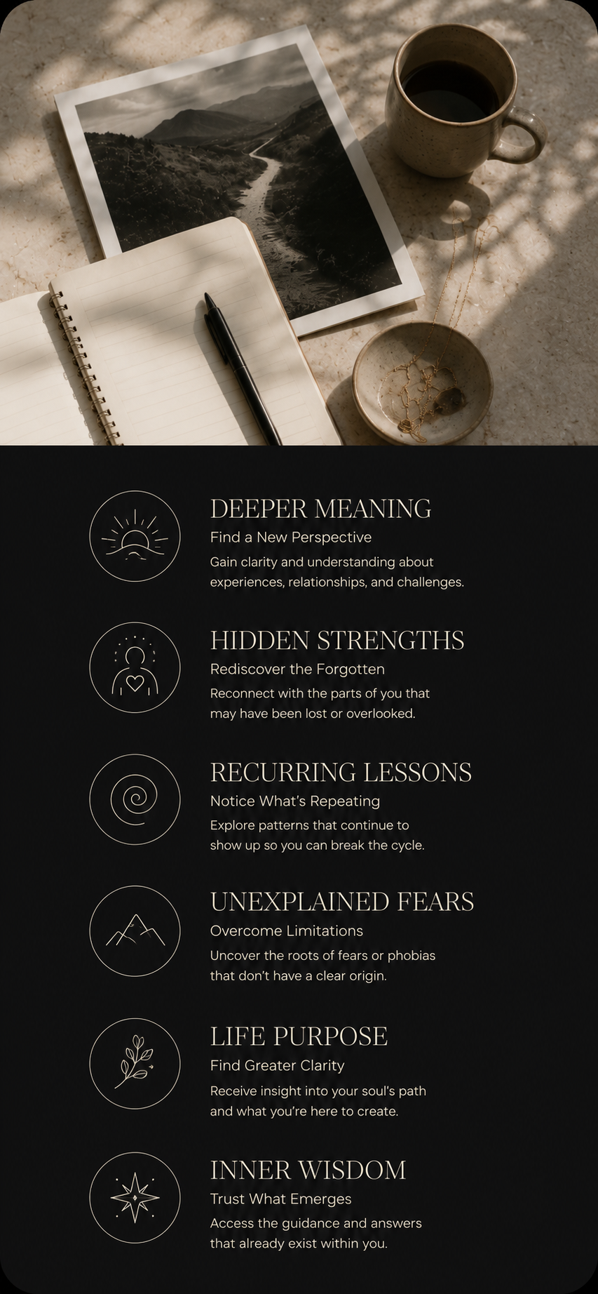 Reflective journal and meaningful keepsakes symbolizing self-discovery, new perspective, and personal insight through Past Life Regression Therapy.
