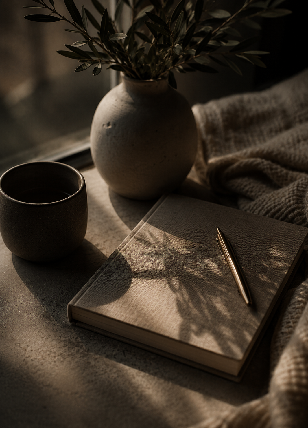 Journal and reflective space representing holistic life coaching, mindset development, emotional healing, and personalized personal growth.