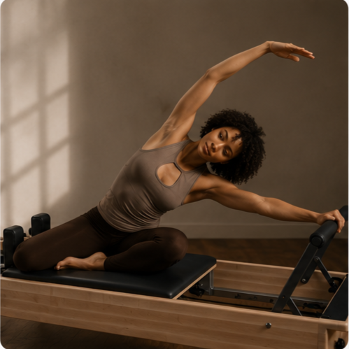 Woman improving strength, mobility, and mind-body connection through movement as part of a personalized wellness and transformation program.