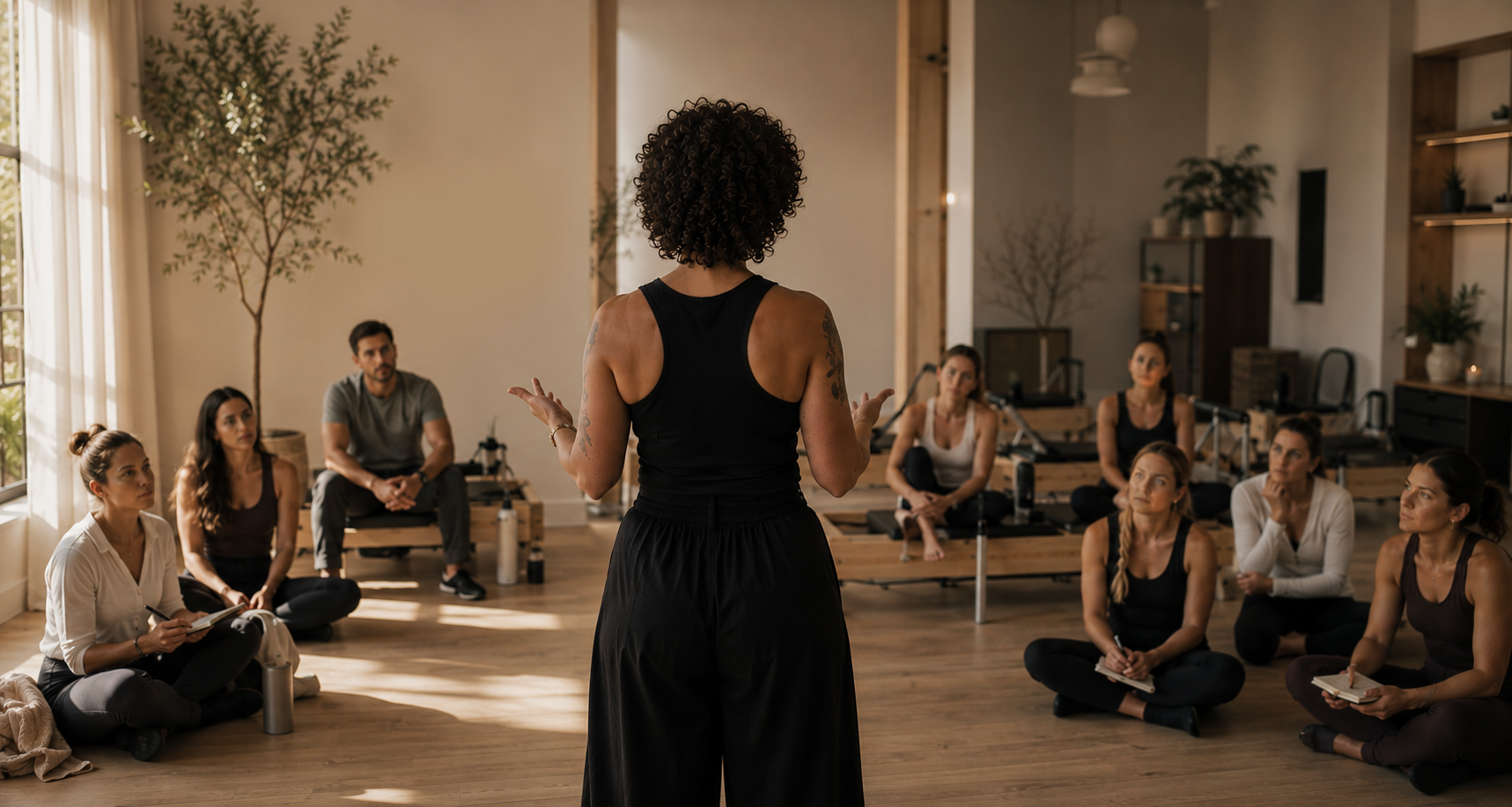 Talya James leading a Pilates instructor workshop focused on movement assessment, clinical reasoning, cueing, and continuing education for Pilates professionals.
