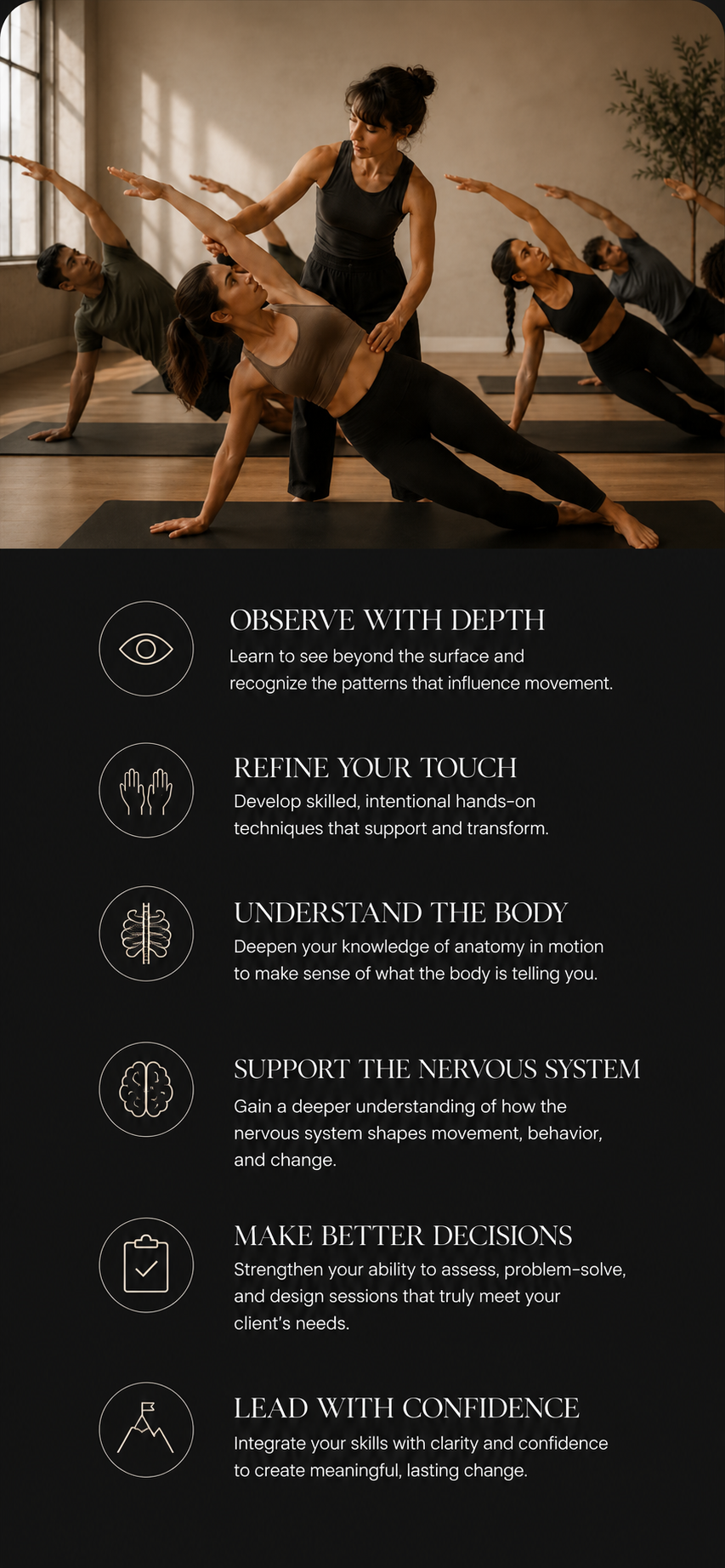Pilates instructor leading a continuing education workshop focused on movement assessment, hands-on cueing, functional anatomy, and clinical observation for Pilates professionals.
