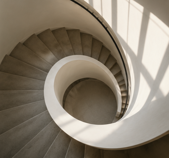 Spiral staircase symbolizing recurring life patterns explored through Past Life Regression Therapy to gain insight, perspective, and personal growth.