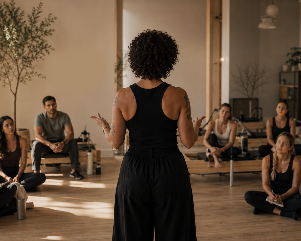 Talya James leading a Pilates instructor workshop focused on movement assessment, clinical reasoning, cueing, and continuing education for Pilates professionals.