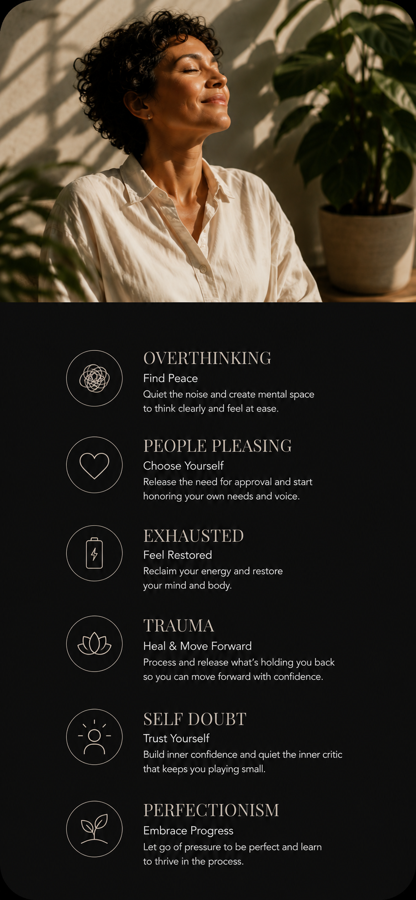 Person finding calm through personalized hypnotherapy to reduce stress, quiet overthinking, strengthen emotional wellbeing, and create lasting subconscious change.