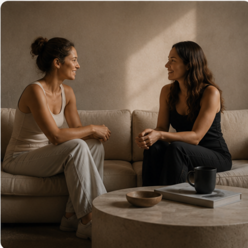 Two people in a supportive coaching conversation focused on building healthier relationships, meaningful communication, and deeper connection.