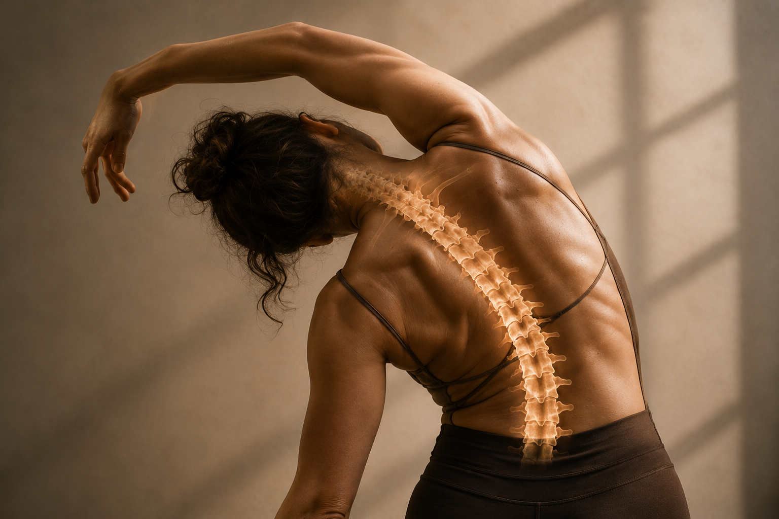 Functional anatomy illustration showing spinal movement and biomechanics to support Pilates instructor education and movement assessment.