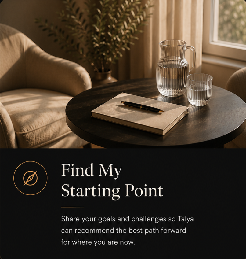 Calm consultation space representing Talya James' personalized assessment process for finding the right path through hypnotherapy, Pilates, coaching, or personal transformation.