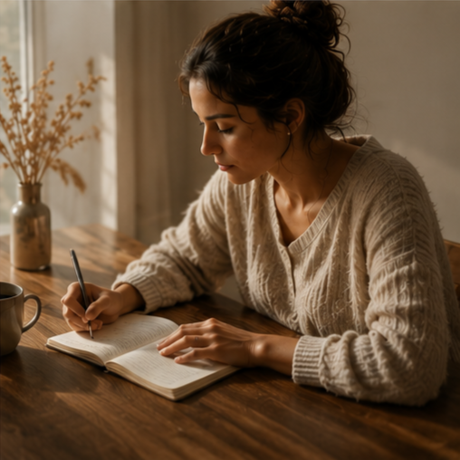 Woman using hypnotherapy to overcome perfectionism, quiet self-criticism, reduce stress, and embrace personal growth.
