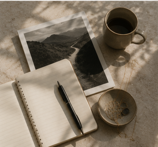 Journal, photograph, and quiet reflection representing self-discovery, personal insight, and new perspective through Past Life Regression Therapy.