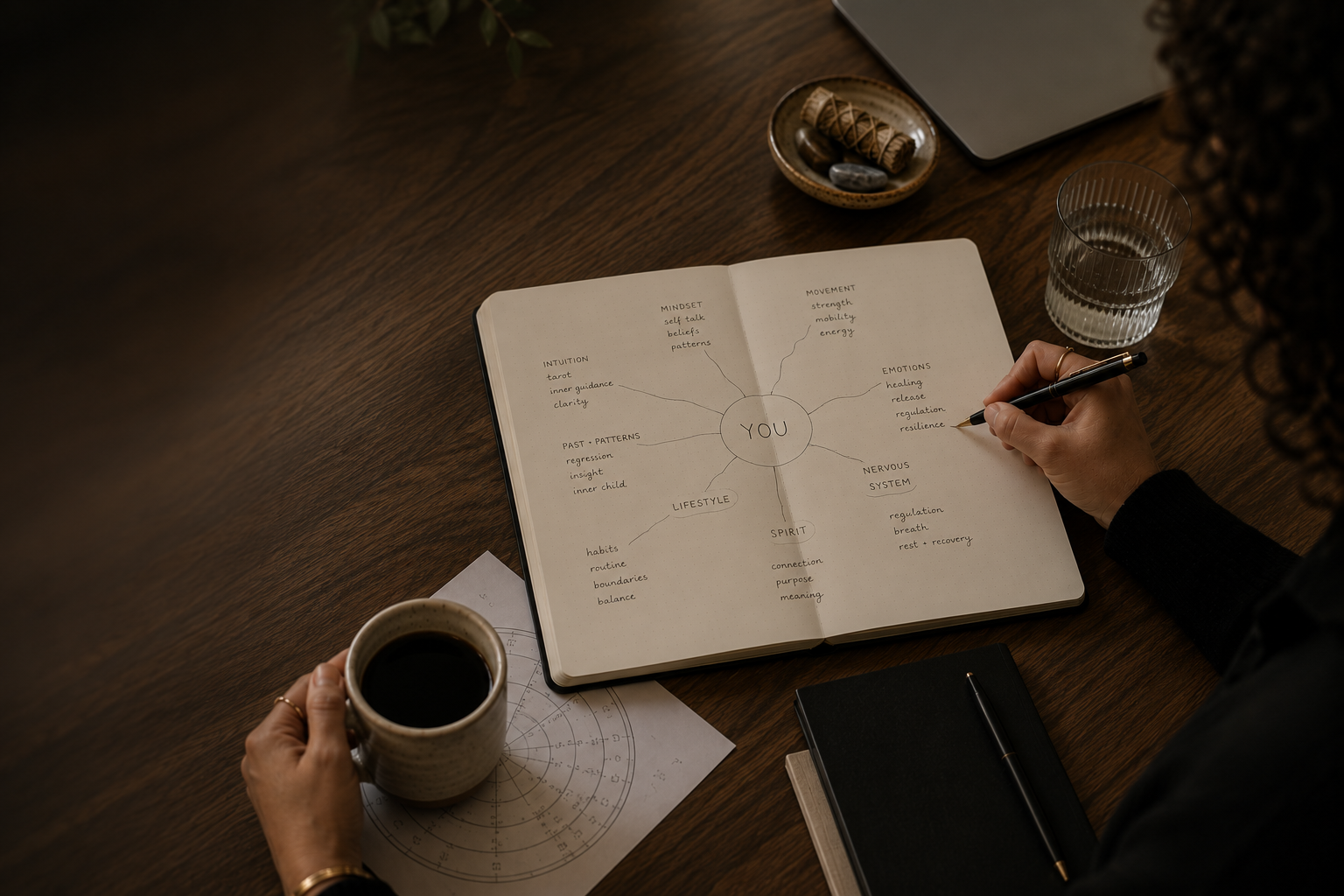 Open notebook with mind map centered on 'You', listing categories like mindset, movement, emotions, nervous system, spirit, lifestyle, past patterns, and intuition, on a wooden table with a hand holding a pen, coffee mug, glass of water, small dish with stones and candles, and a closed black notebook.
