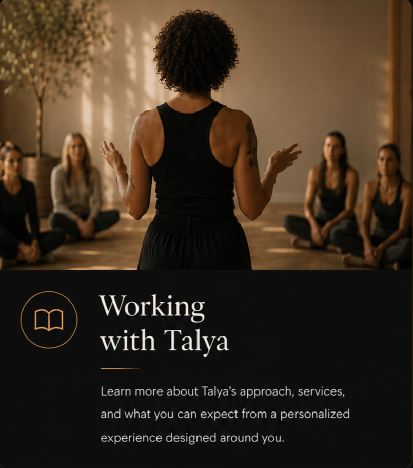 Talya James leading a wellness workshop, introducing her philosophy and personalized approach to hypnotherapy, Pilates, personal transformation, and holistic coaching.