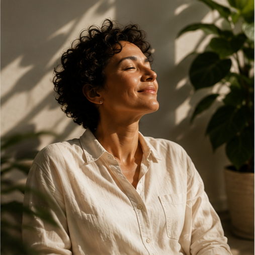 Woman overcoming people-pleasing patterns through hypnotherapy to build healthy boundaries, confidence, and self-trust.