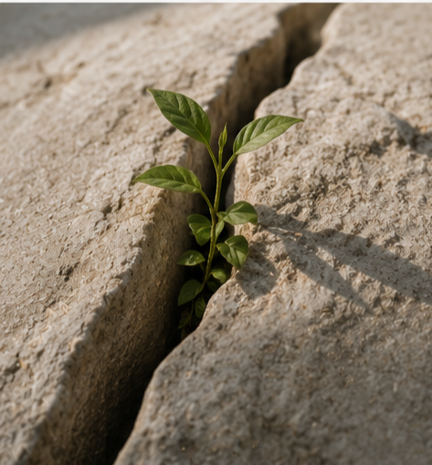 New growth emerging through stone, symbolizing personal growth, renewed purpose, and greater clarity explored during Past Life Regression Therapy.