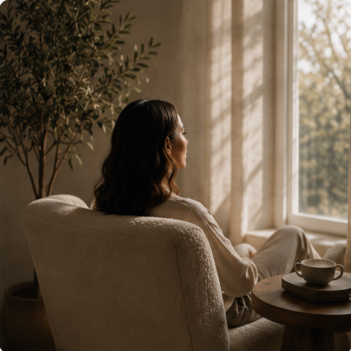 Person reflecting during a personalized coaching session focused on emotional healing, resilience, and meaningful personal growth.