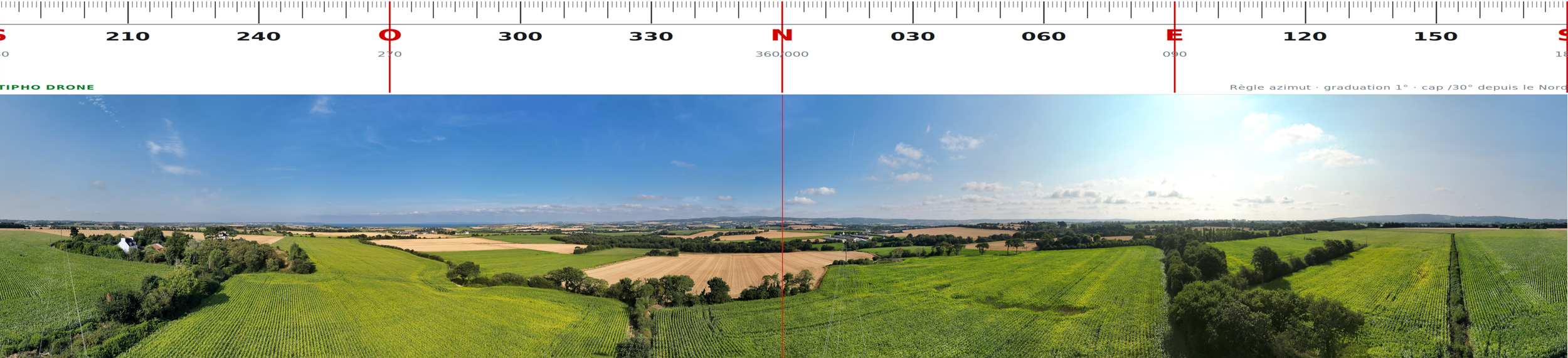 Paysage agricole avec champs verts et jaunes, quelques arbres, et ciel bleu avec nuages.
