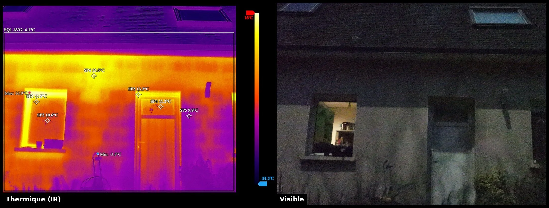 Une image comparative entre une photo thermique en IR à gauche, montrant les températures des murs, fenêtres, et objets, et une photo visible à droite, montrant l'extérieur et la façade d'une maison la nuit. La photo thermique indique diverses températures, avec la partie la plus chaude à 16°C et la plus froide à -13.5°C.