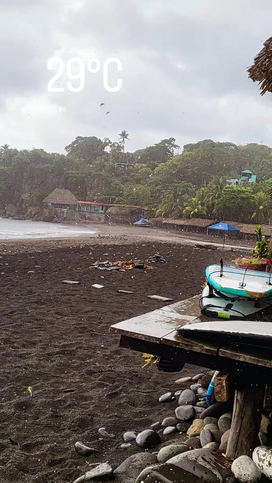 A rainy day at a beach with dark sand. There are some rocks and a small boat in the foreground. In the background, there are houses, trees, and umbrellas under cloudy sky. The temperature displayed is 29°C.