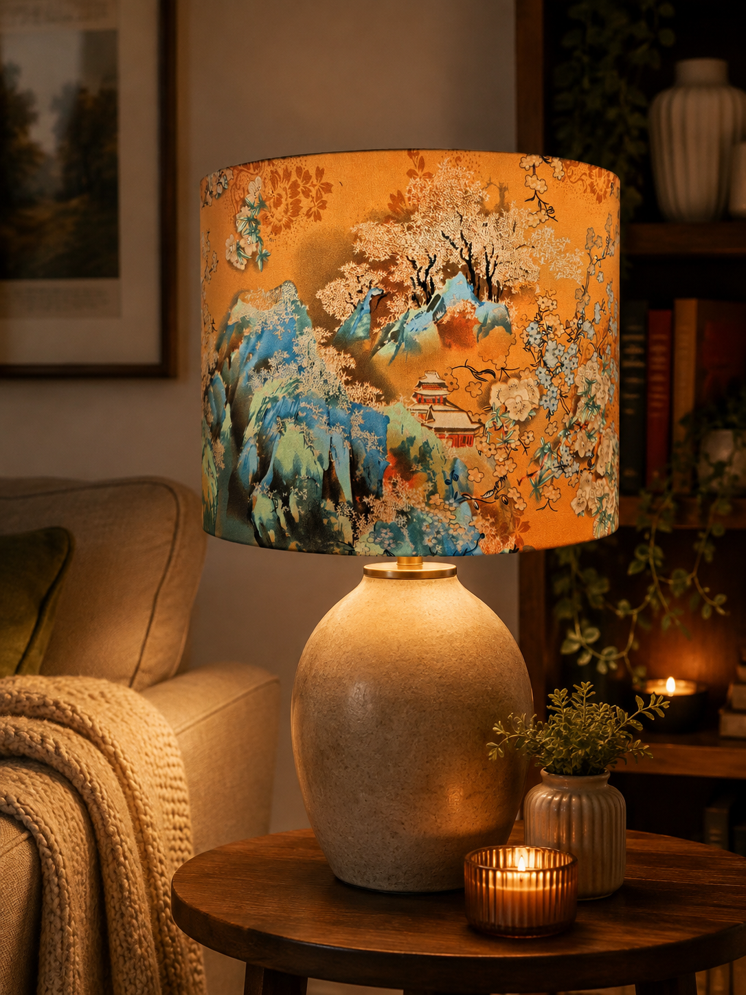 Satin Japanese Garden Landscape Drum Lampshade
