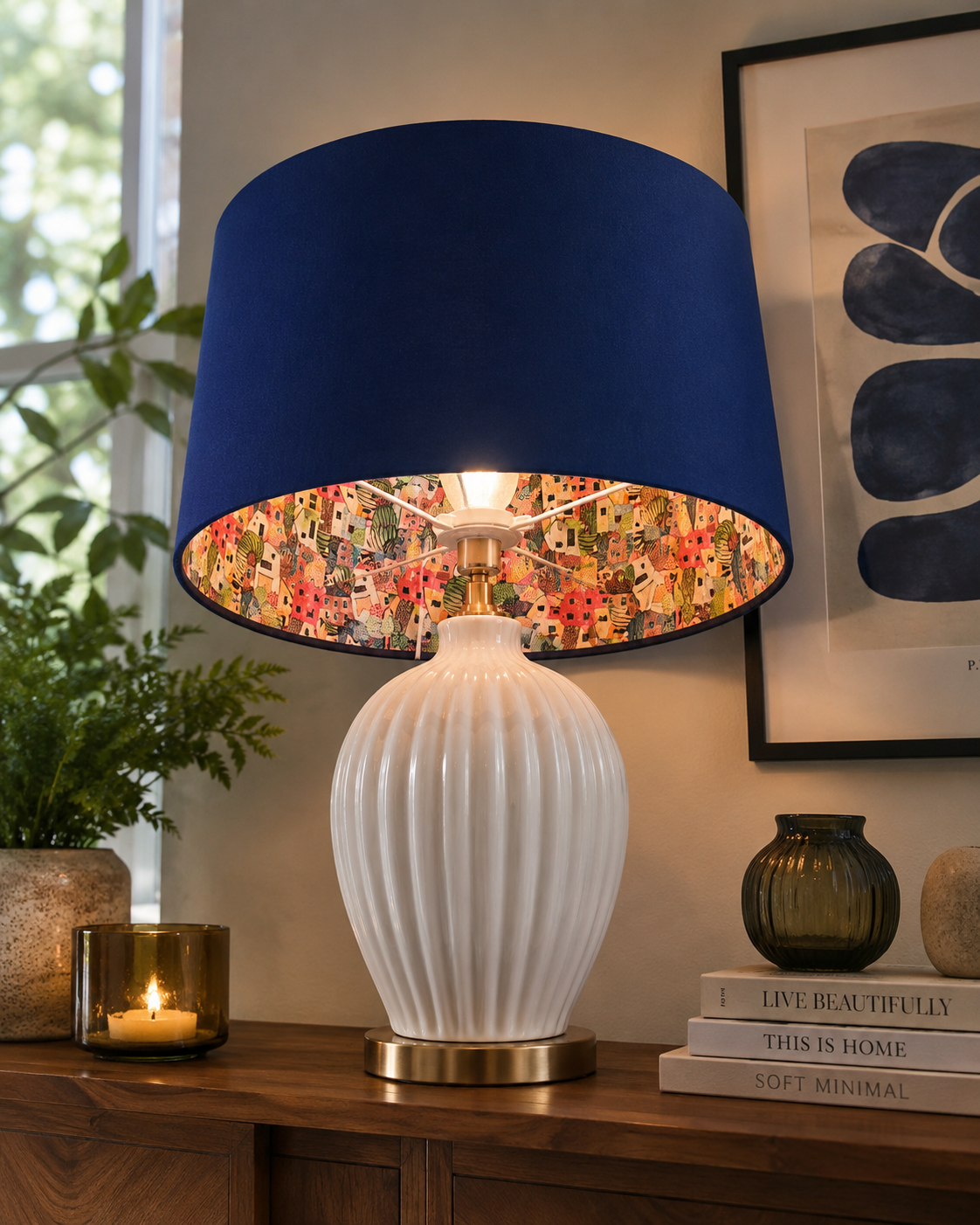 Double-Sided Drum Lampshade – Royal Blue Chic Exterior & Colourful Townhouse Interior