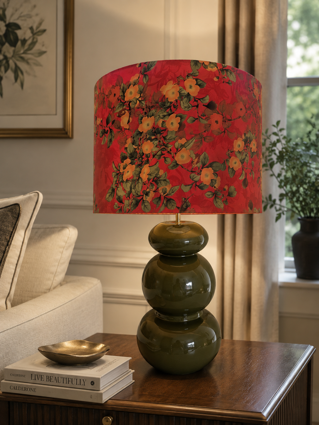 Satin Red Floral Handcrafted Drum Lampshade