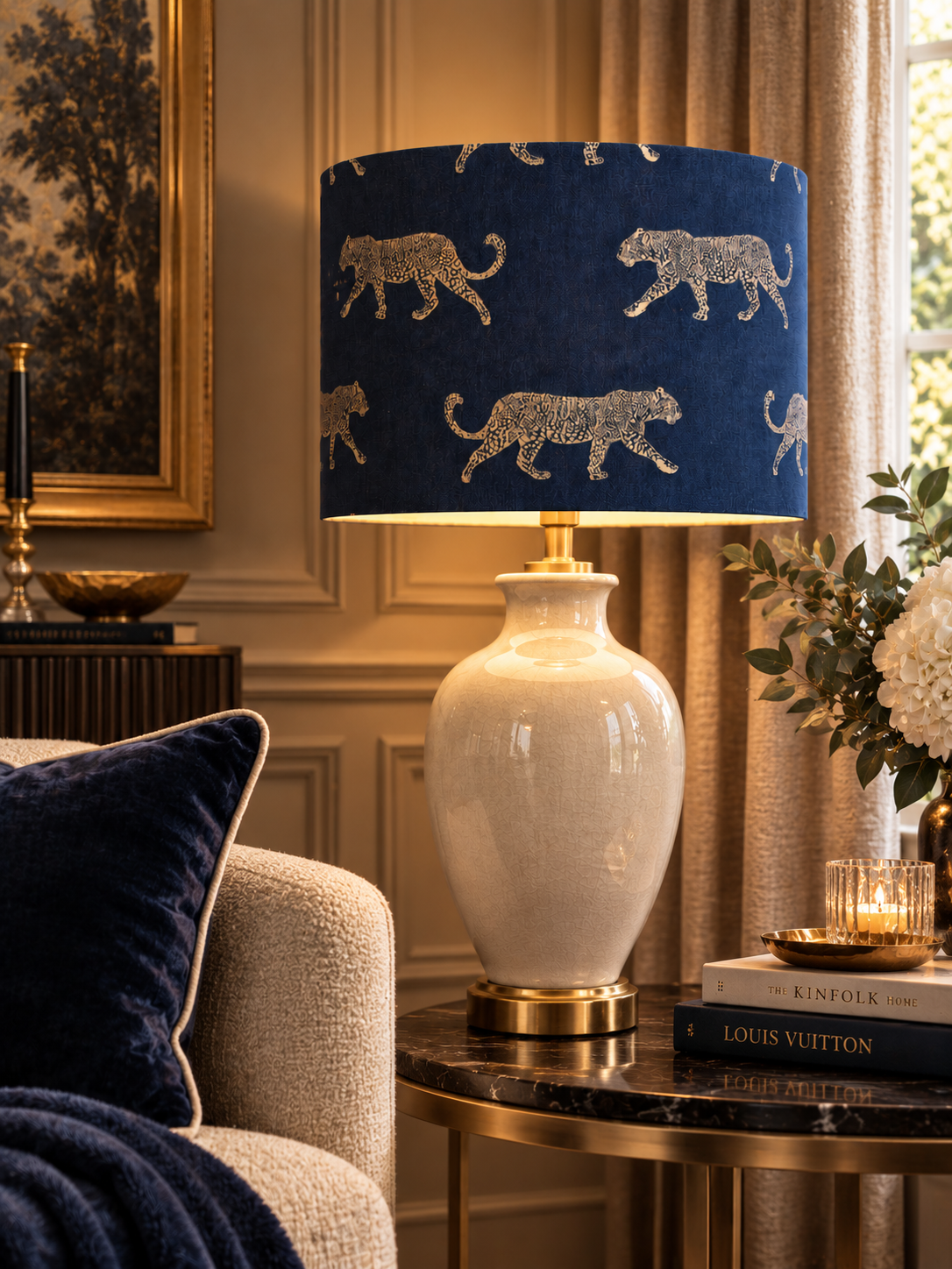Leopard Panama Fabric – Indigo | Brushed Gold Inner