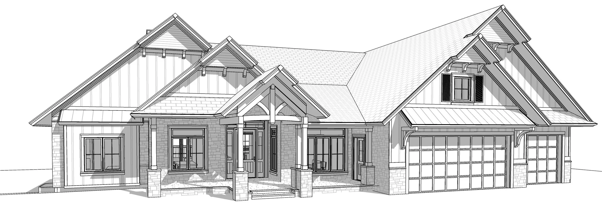 A detailed architectural drawing of a modern house with a gabled roof, front porch, three-car garage, and multiple windows.