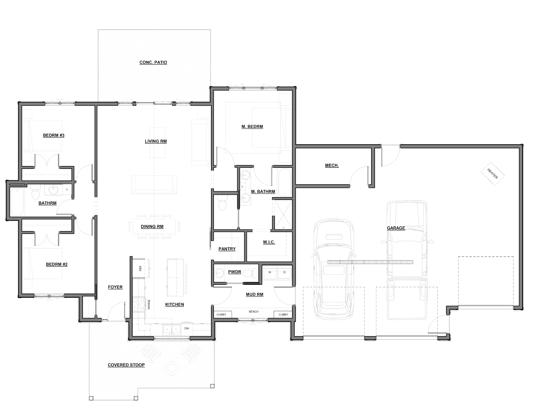 Floor plan of a house with labeled rooms including bedrooms, bathrooms, living room, kitchen, pantry, mechanical room, garage, and outdoor patio area.