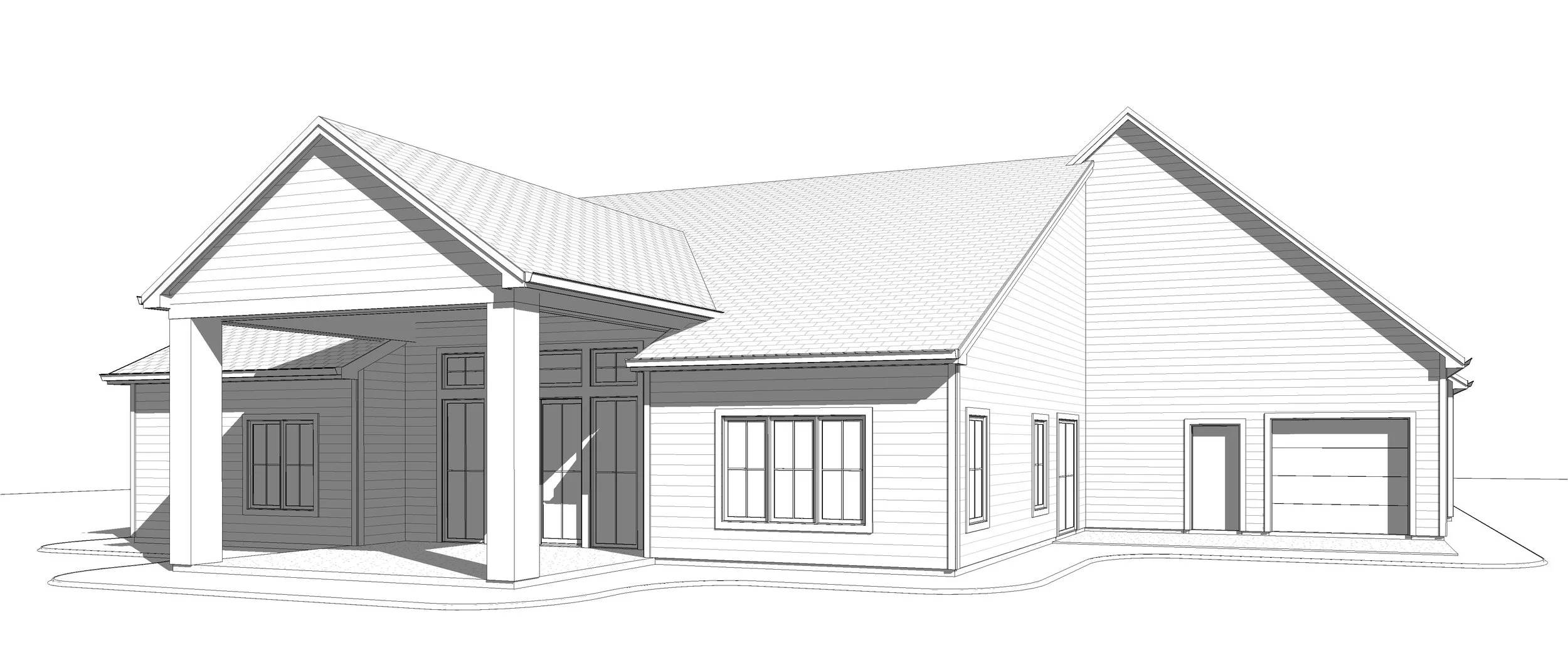 A sketch of a modern house with a gabled roof, multiple windows, a front porch, and a garage.
