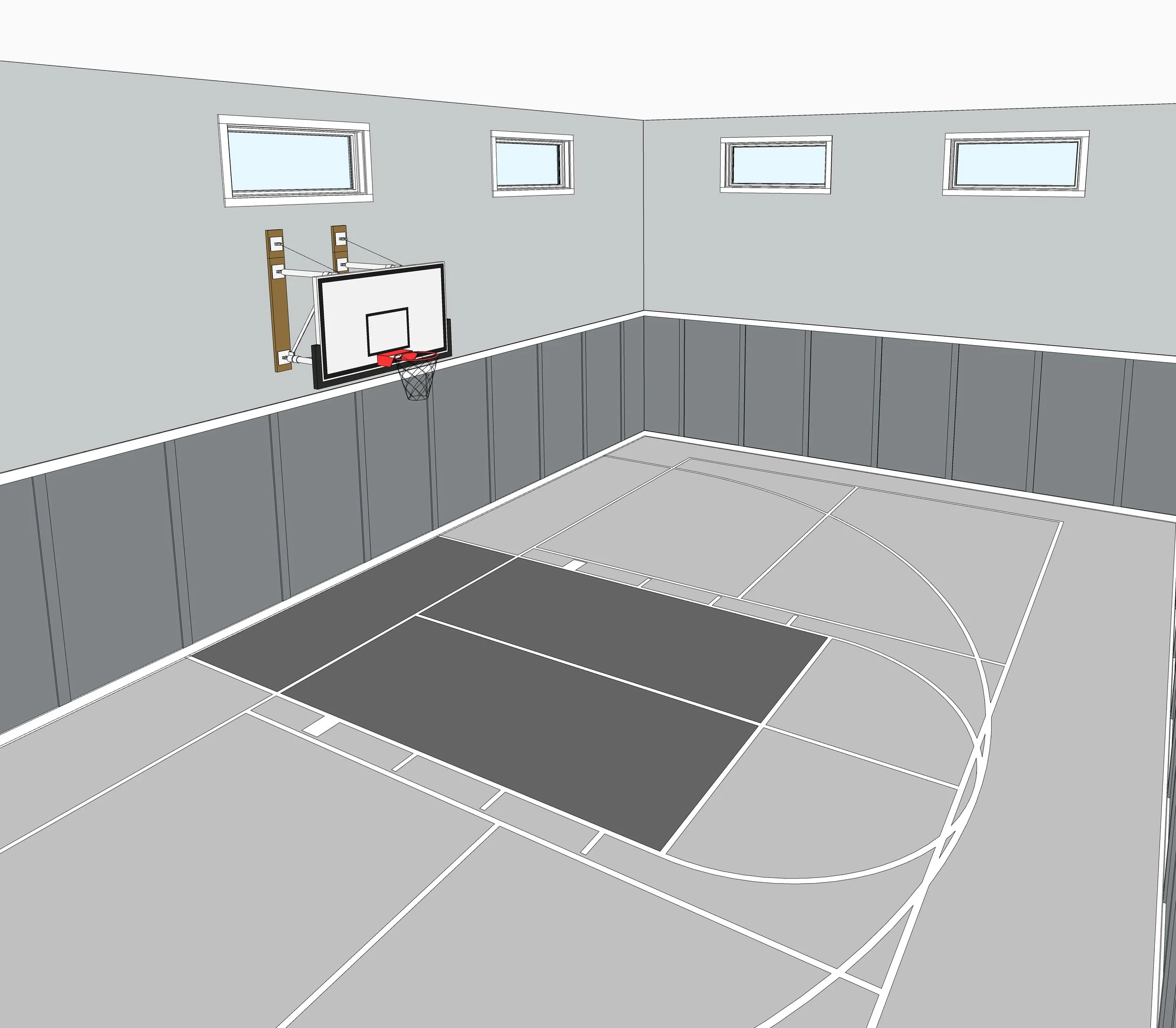 A virtual rendering of a basketball gym with a basketball hoop and backboard mounted on a wall, three small windows above, and paneled wainscoting on the lower wall.