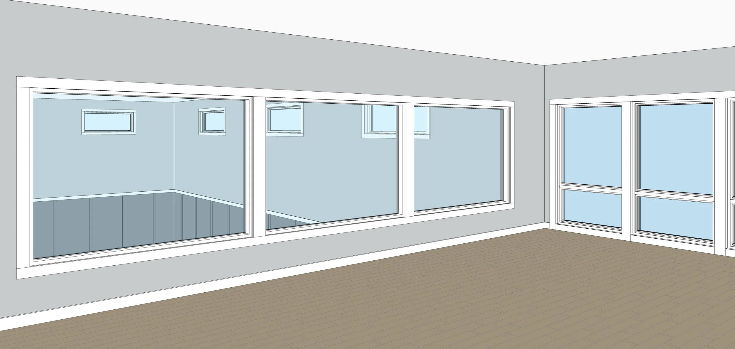 Drawing of an interior room with large windows on two walls, overlooking a balcony with a glass railing, light gray walls, and wooden flooring.