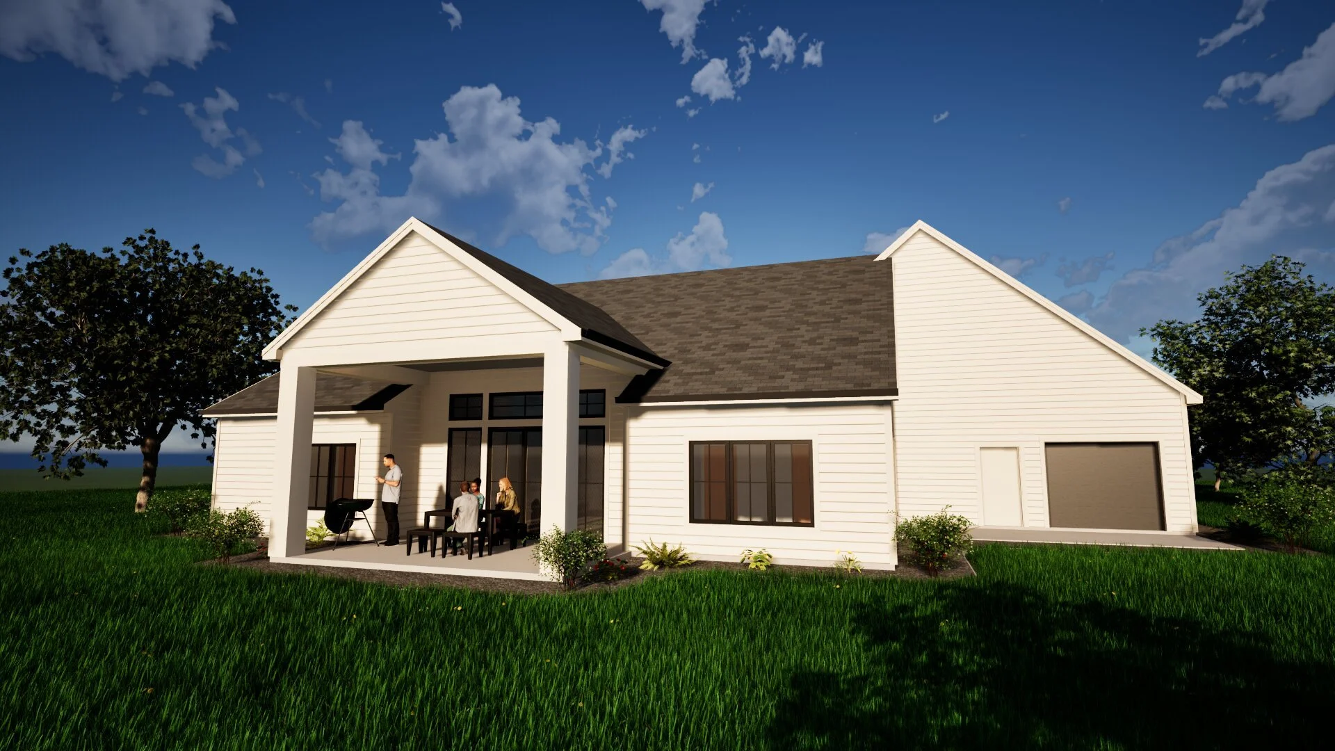 Modern white house with a porch, multiple large windows, and an attached garage, set in a green yard with trees under a blue sky with scattered clouds.